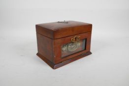 A C19th walnut jewellery box with a glass panelled fall front and fitted interior, 7½ x 5½"