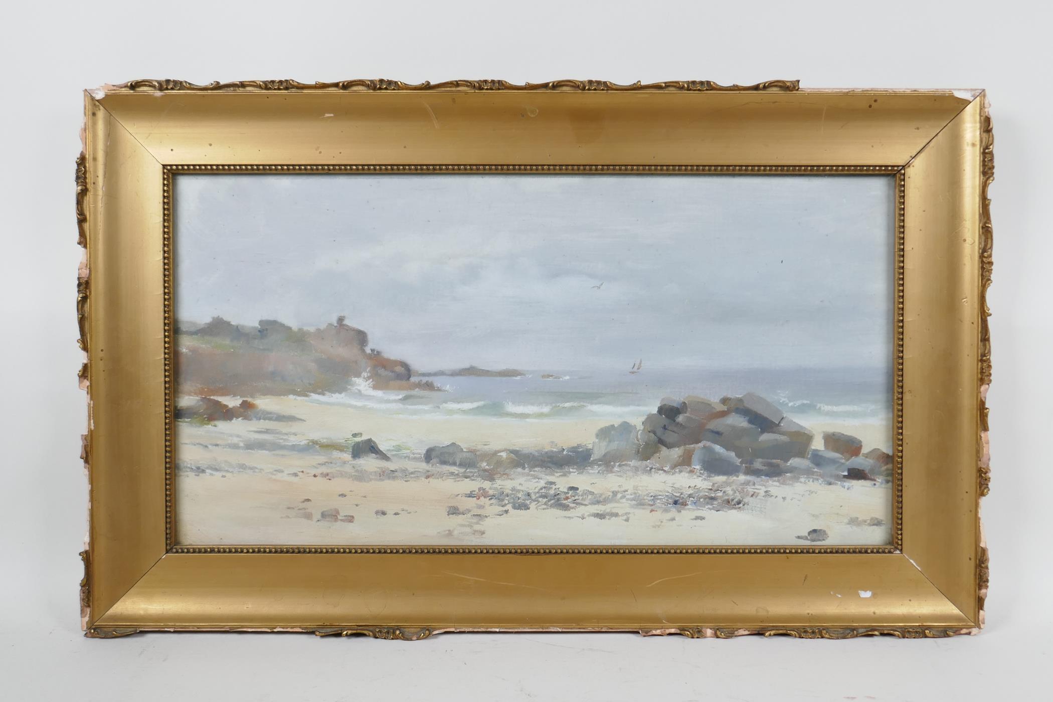 In the manner of Frederick Widgery, beach landscape, oil on board, 15½" x 8" - Image 2 of 3