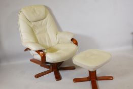 An 'Ekornes Stressless' type leather reclining and swivelling armchair and matching stool