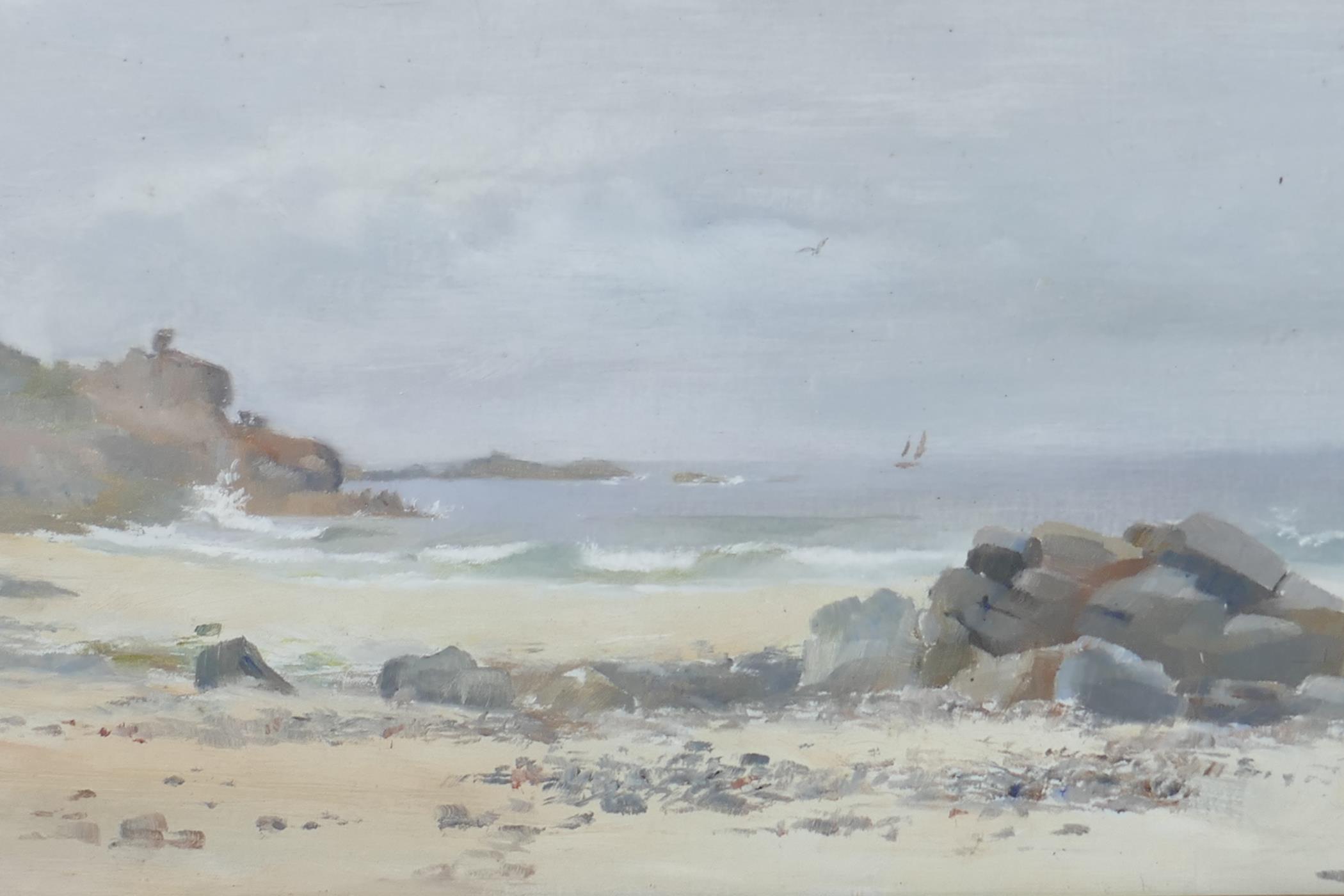 In the manner of Frederick Widgery, beach landscape, oil on board, 15½" x 8"