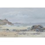 In the manner of Frederick Widgery, beach landscape, oil on board, 15½" x 8"