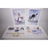 Four facsimile cartoon prints by Ronald Searl, 19" x 13"