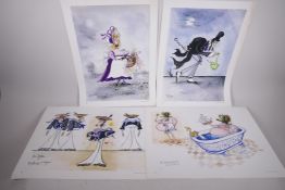 Four facsimile cartoon prints by Ronald Searl, 19" x 13"