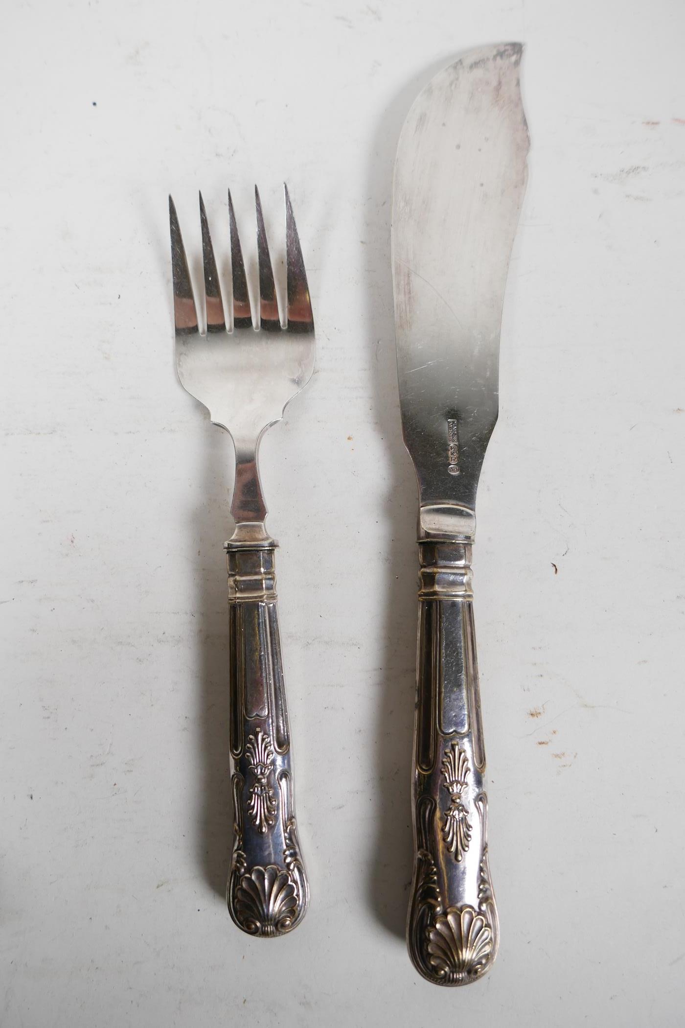 Three pairs of early C20th silver plated fish slices and serving forks, one set by Mappin & Webb, an - Image 3 of 7