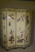 A Chinese four fold lacquer screen with incised and painted decoration, each panel 72" x 15½"