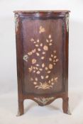 An early C19th French inlaid standing corner cupboard, with rouge marble top and serpentine front