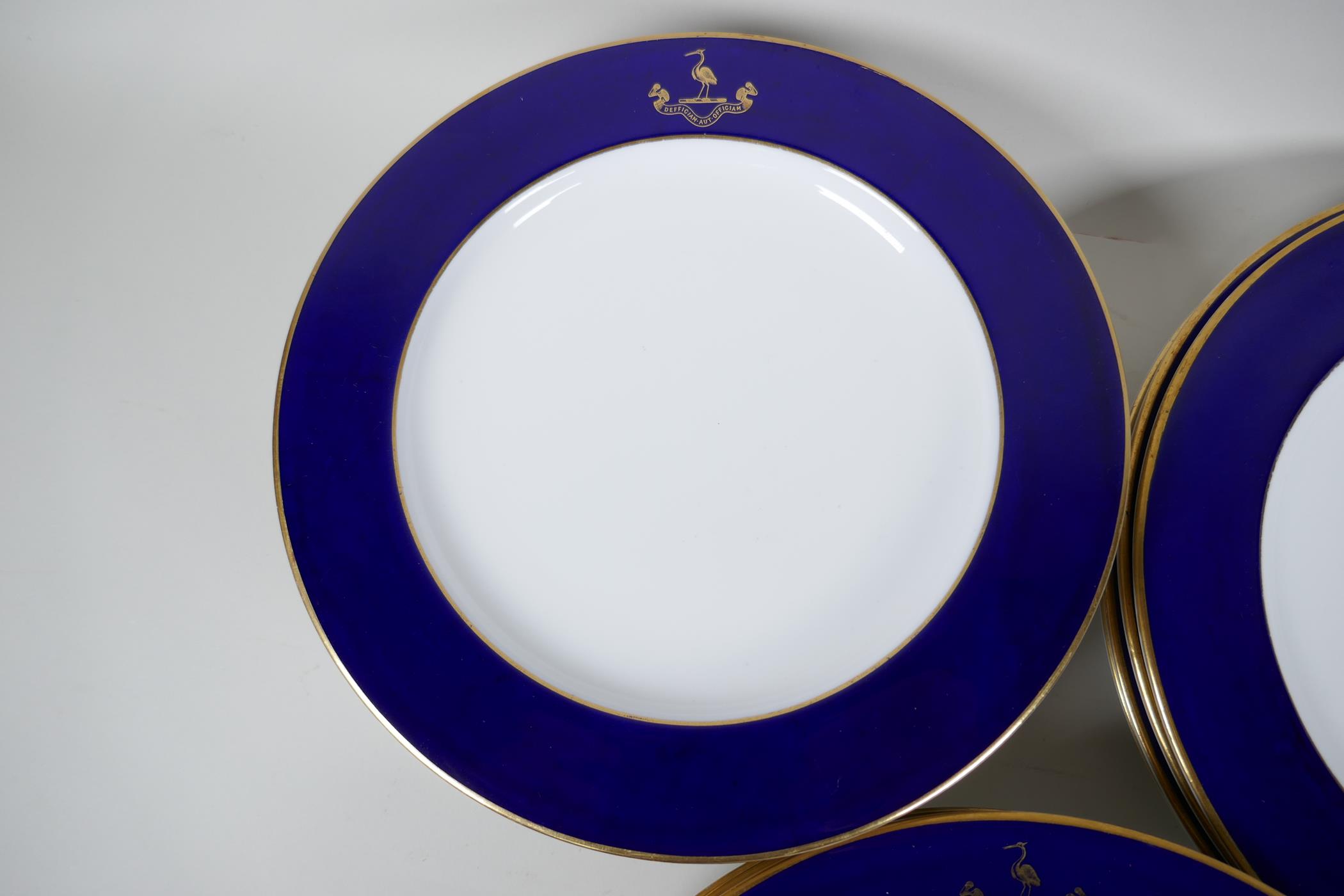 Vintage Royal Worcester cobalt blue and gilt decorated tableware, embellished with a heron crest and - Image 2 of 4
