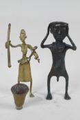 An African bronze ceremonial masked figure, 6" high, together with an African bronze figure of a
