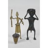 An African bronze ceremonial masked figure, 6" high, together with an African bronze figure of a