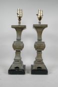 A pair of Chinese gu shaped metal lamps, 17" high