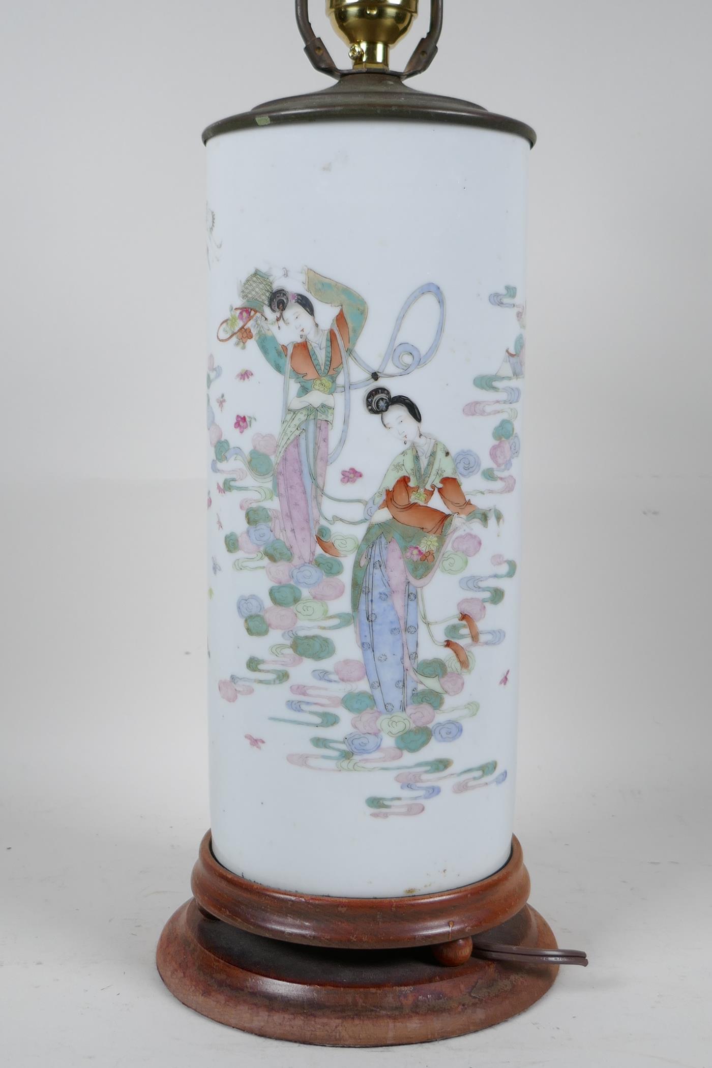 A Chinese famille rose porcelain cylinder vase converted to a lamp with a hardwood base and brass - Image 2 of 5