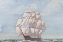 Three masted sailing ship with the White Cliffs of Dover in the distance, indistinctly signed, oil