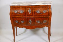 A French Louis XV style marquetry inlaid tulipwood bombe shaped commode, with marble top and two