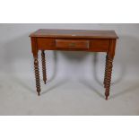 A hardwood single drawer side table, raised on bobbin turned supports, 36" x 16" x 30"