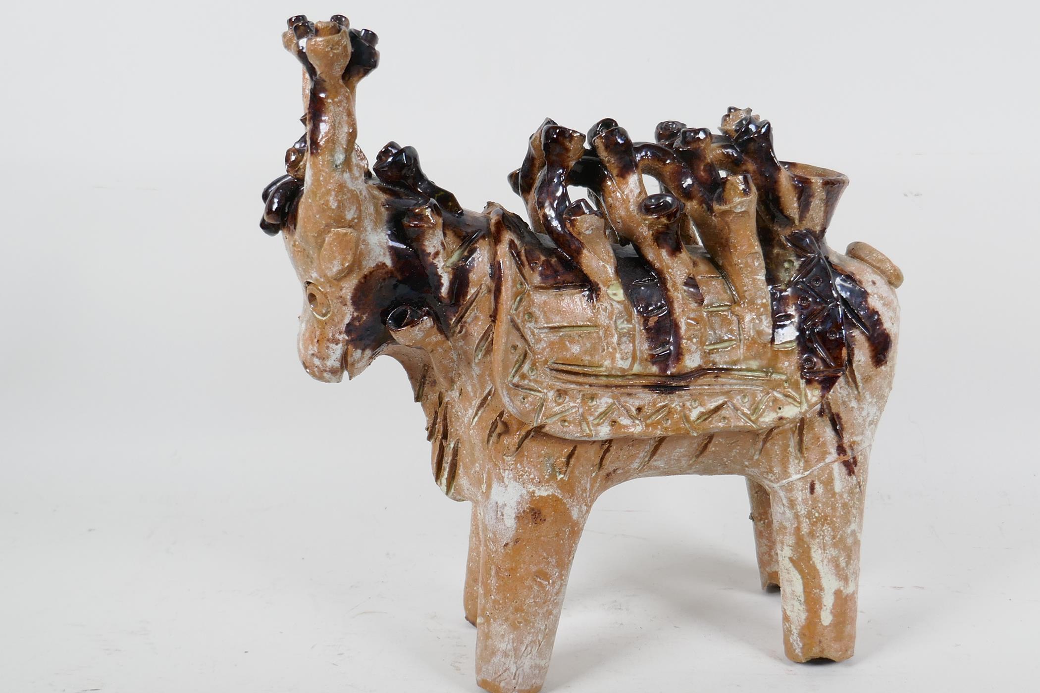 An unusual studio pottery figure of an Indian cow with elaborate saddle, part treacle glazed, 10" - Image 3 of 4