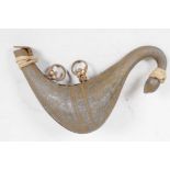An unusual Persian metal powder horn of organic form, 5½" long