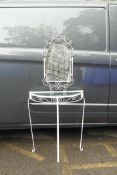 A painted metal demi lune console table and mirror, table 28" x 12", 32" high