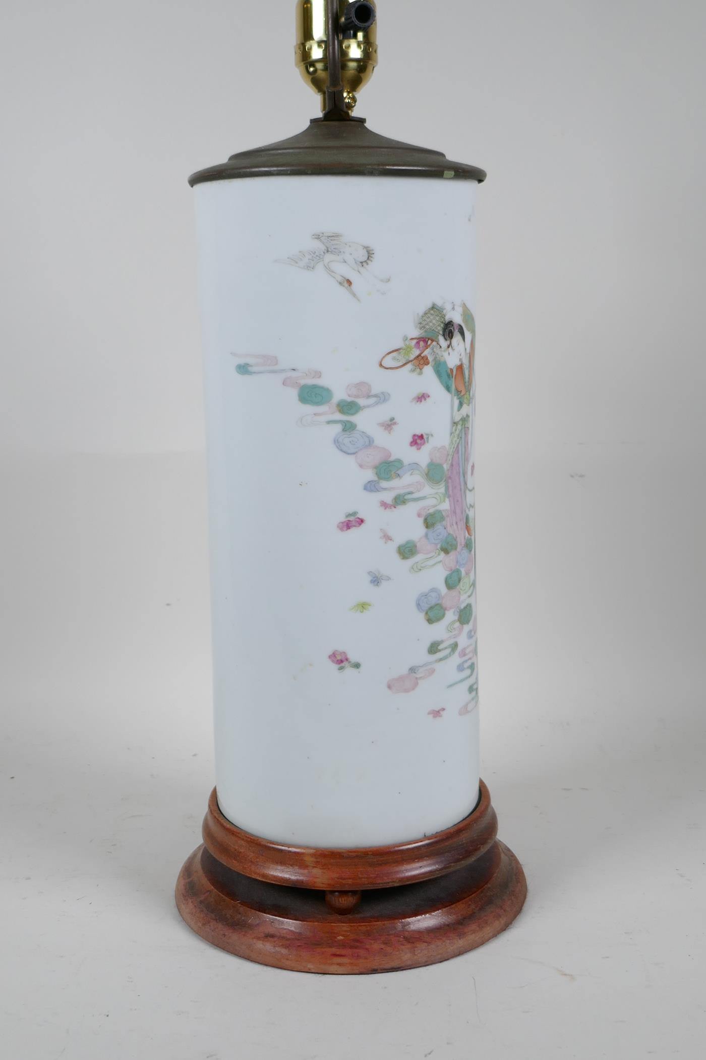 A Chinese famille rose porcelain cylinder vase converted to a lamp with a hardwood base and brass - Image 5 of 5