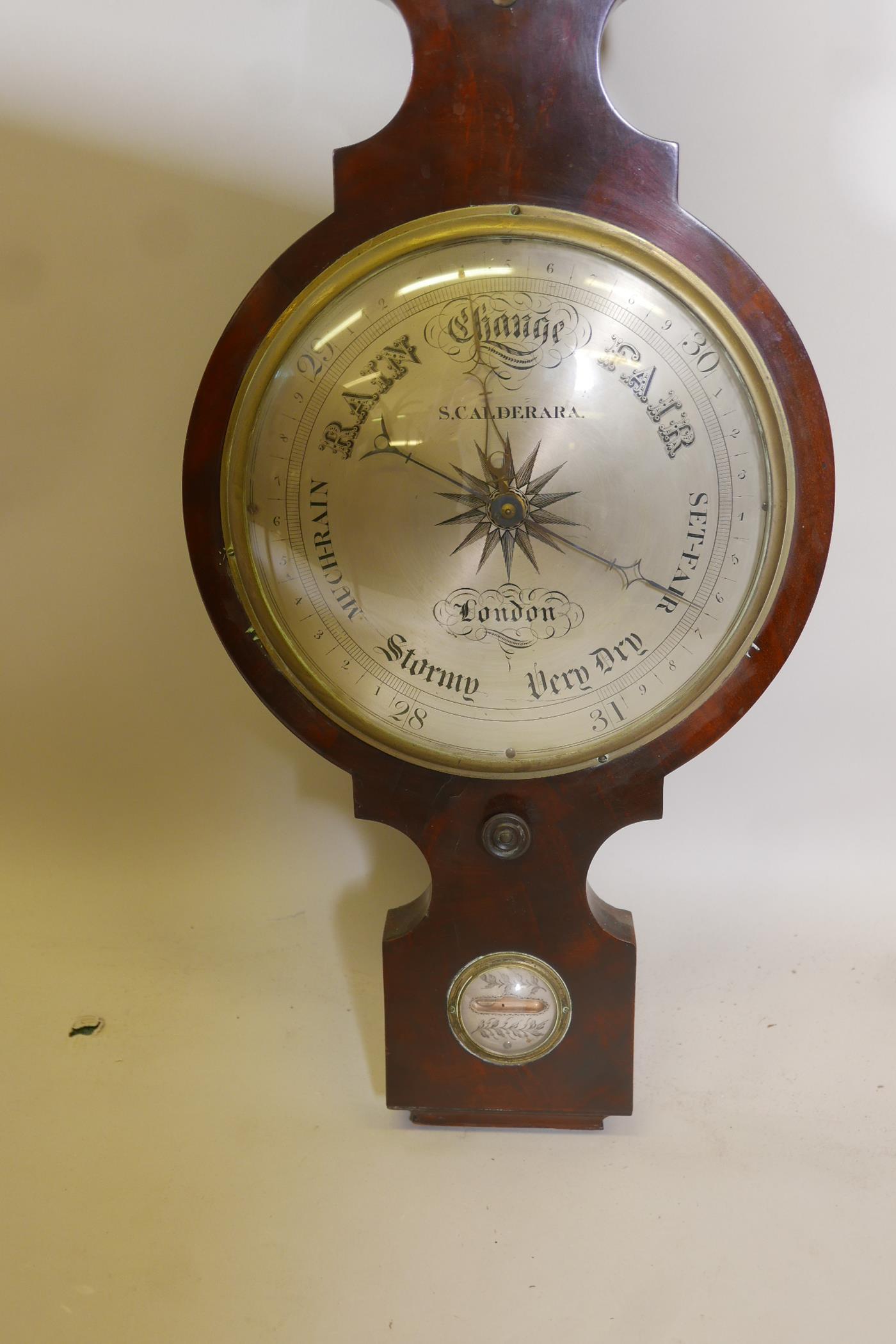 A C19th Regency flame mahogany banjo barometer by S. Calderara of London, 42" high - Image 4 of 5