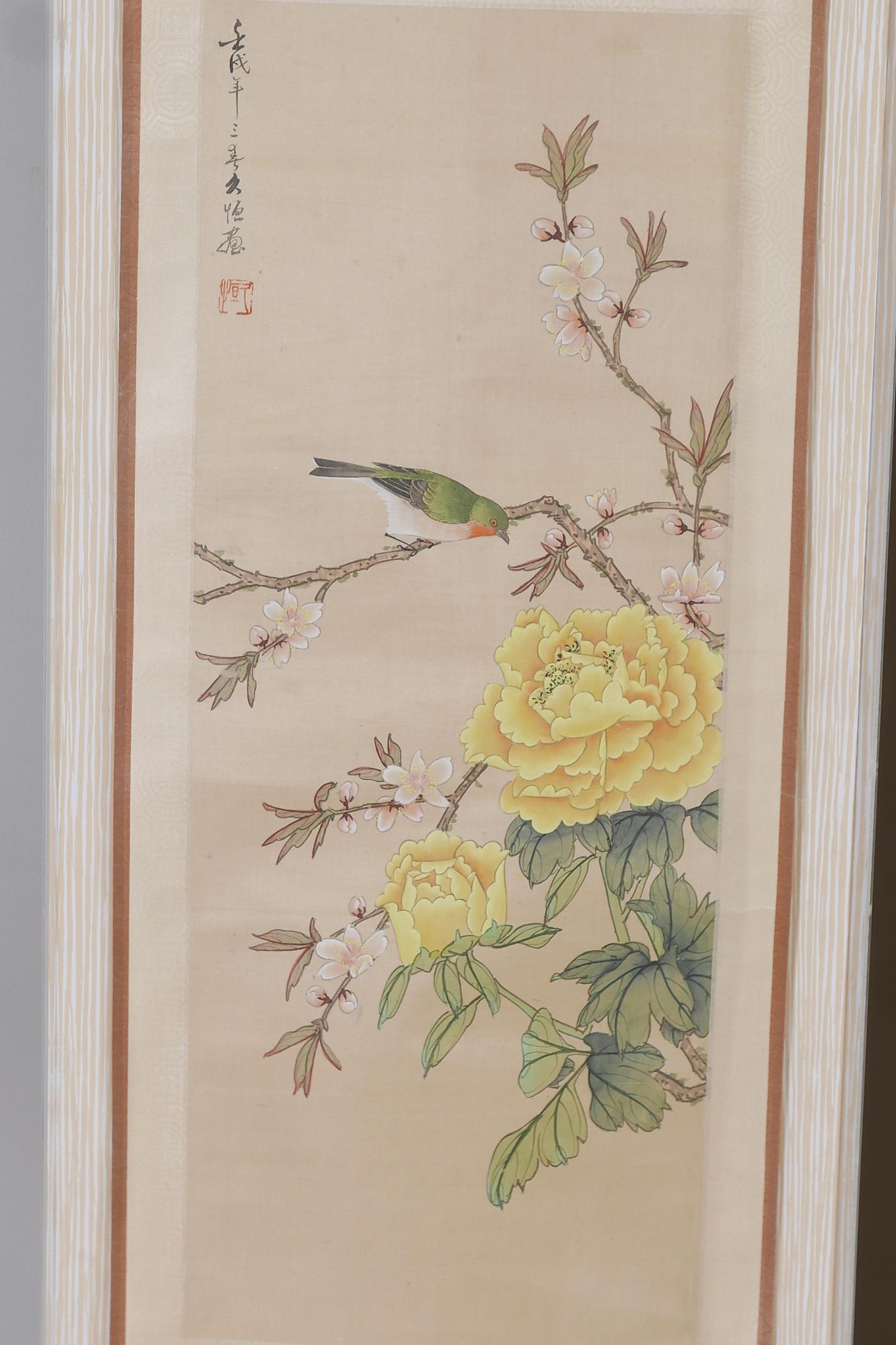 Two framed Chinese scrolls painted with birds and flowers, having inscriptions and red seal marks, - Image 2 of 5