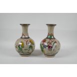 A pair of Chinese crackleware pottery vases with famille verte enamel decoration of warriors, mark