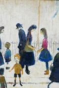 After Lowry, figures passing in a street, oil on board, 12" x 16"