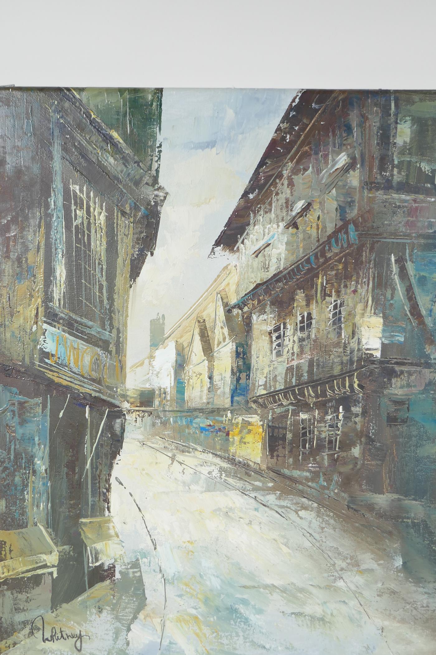 The Shambles, York, signed indistinctly, oil on canvas, 16" x 20" - Image 2 of 4