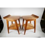 A pair of mid C20th moulded ply occasional tables in the style of Robin Day, 16½" high, 13" x 12"