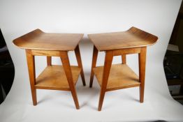A pair of mid C20th moulded ply occasional tables in the style of Robin Day, 16½" high, 13" x 12"
