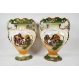 A pair of C19th two handled mantel vases transfer printed with scenes of working horses in a