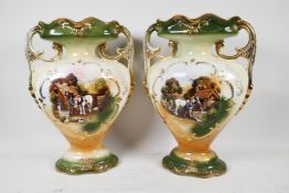 A pair of C19th two handled mantel vases transfer printed with scenes of working horses in a