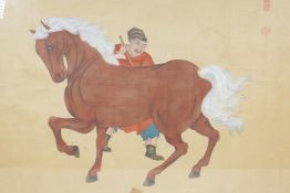 A Chinese watercolour on silk, horse and groom, signed with seal mark, 24½" x 18"