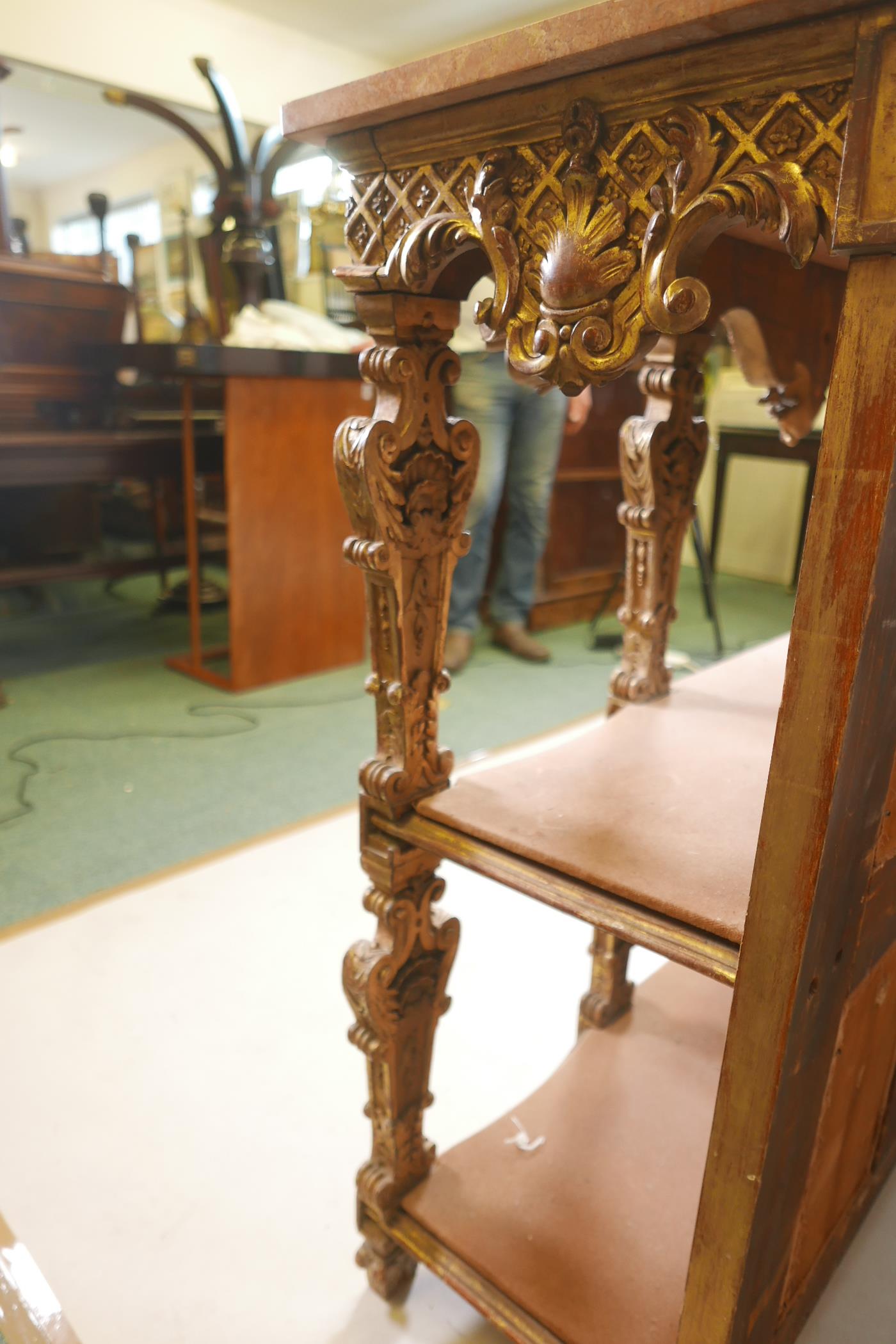 A pair of early C19th carved giltwood mirror backed console tables, with Sienna marble tops and - Image 5 of 8