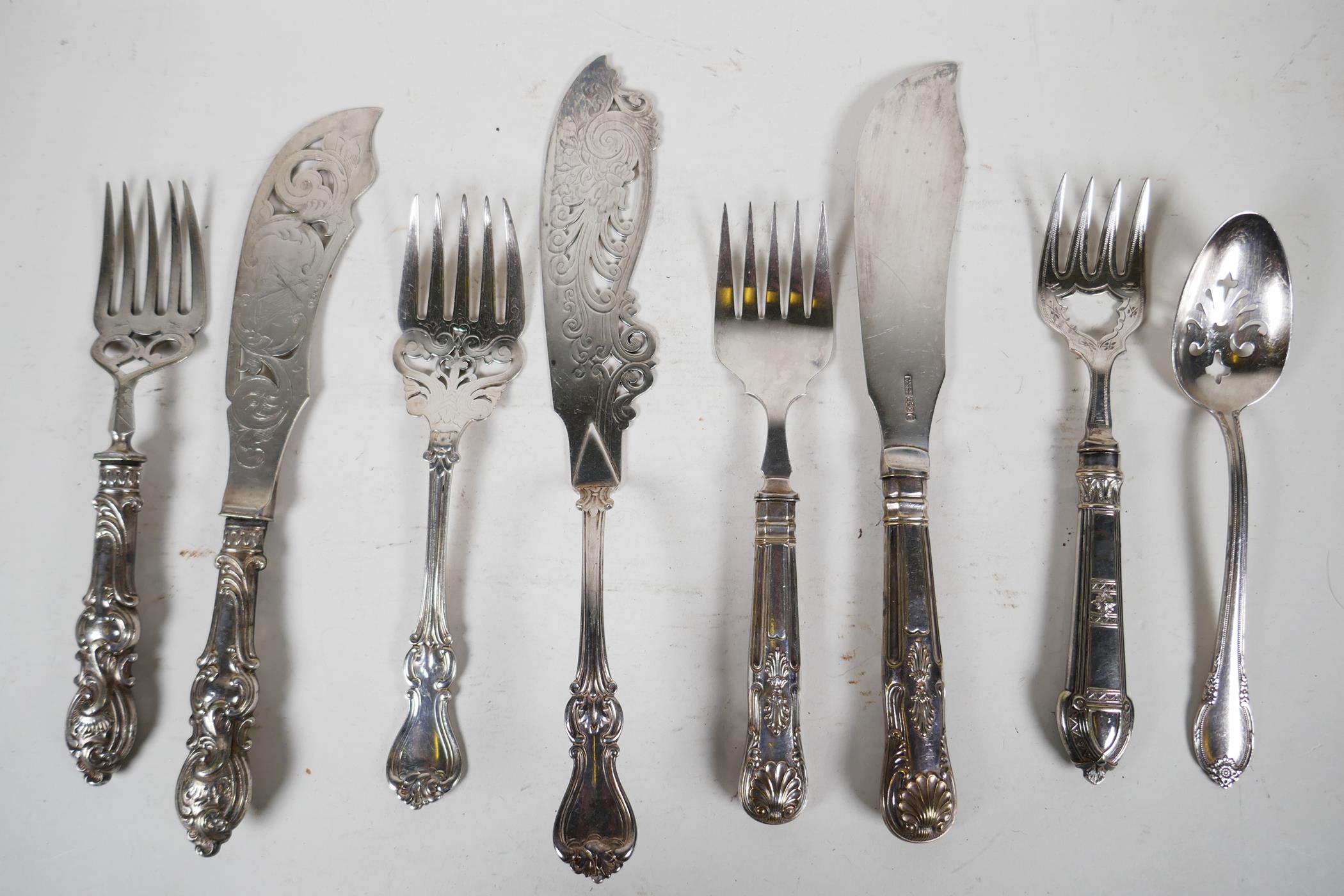 Three pairs of early C20th silver plated fish slices and serving forks, one set by Mappin & Webb, an