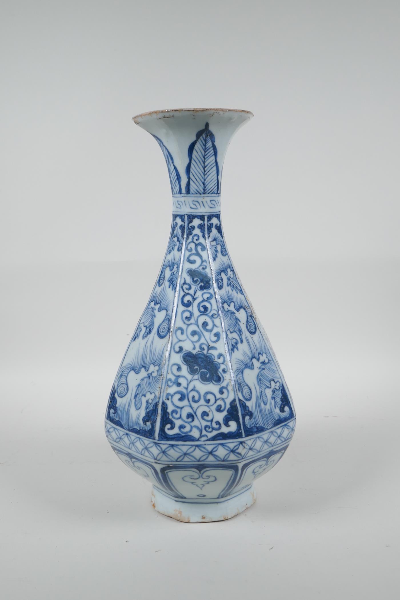 A Chinese Yuan style blue and white pottery pear shaped vase of octagonal form with floral - Image 2 of 5