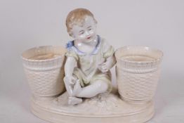 A decorative porcelain planter in the form of a young girl seated between two large baskets, 11½"
