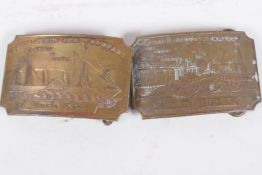 Two Tiffany style brass belt buckles advertising Wells Fargo and Union Pacific Railway, 3½" x 2½"