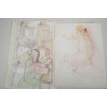 Two unframed watercolour and pencil drawings, interior scene and female figure study, one signed