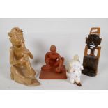 Five figures including red earthenware man, composition Buddha, Hamnet pig figure, Balinese wood