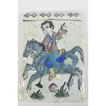 A Persian pottery tile embossed and painted with polo player on horseback, 6" x 8½"