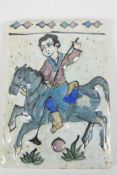 A Persian pottery tile embossed and painted with polo player on horseback, 6" x 8½"