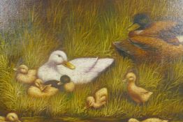 After Charles Walter Simpson, ducks on the riverbank, oil on canvas board, 20" x 16"