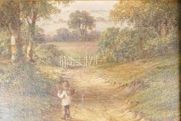 A boy in a landscape, C19th oil on canvas laid on board, in a gilt frame, 6½" x 9"