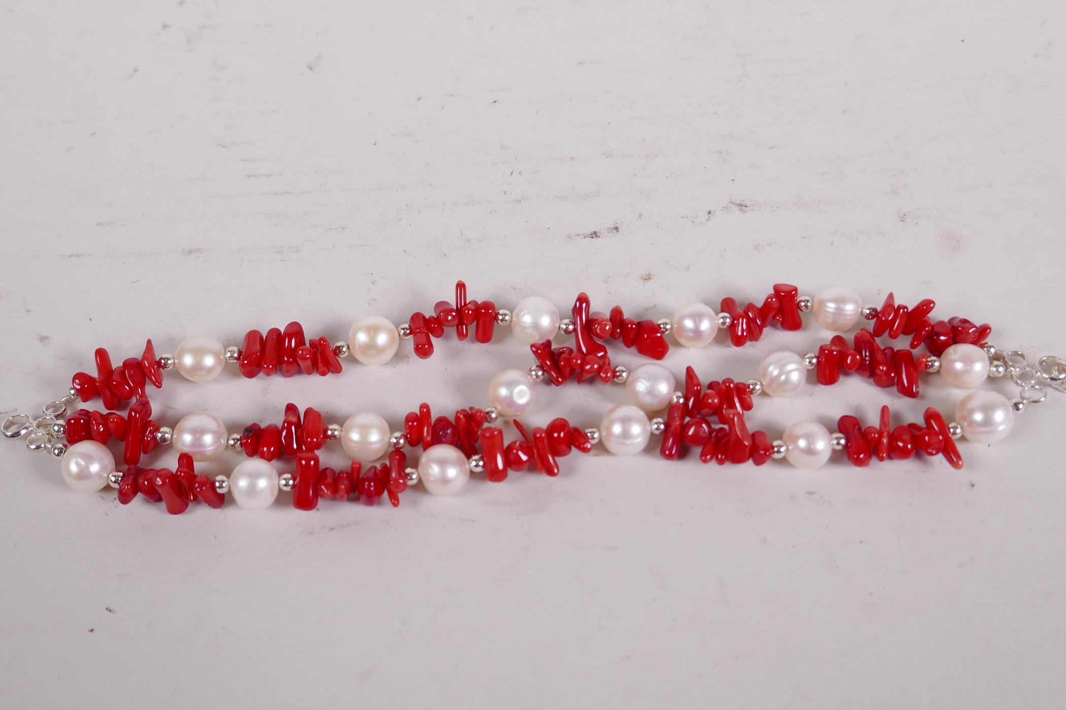 A coral and pearl three strand bracelet, 7½" long - Image 2 of 2