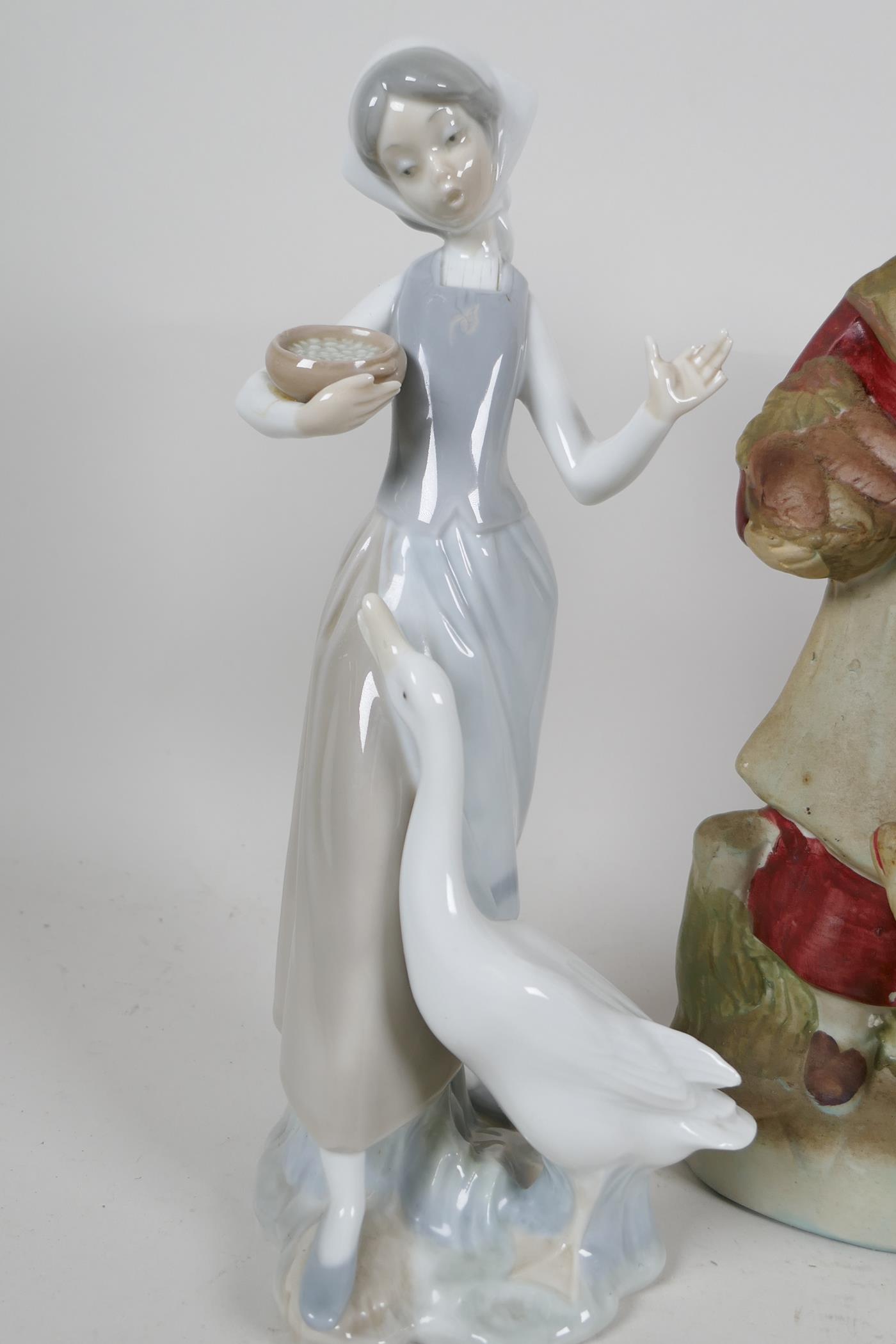 Two Lladro figures, sleepy boy and woman with geese (missing finger), a Nao Daisia figure of a - Image 2 of 5