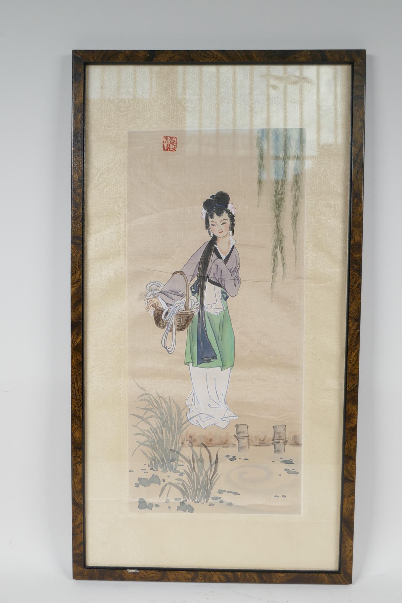 A Chinese painting on silk of a young girl standing by a pond, 8" x 15" - Image 5 of 5