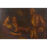 Two young ladies with courtier in a landscape, with gilt frame, 14" x 17"