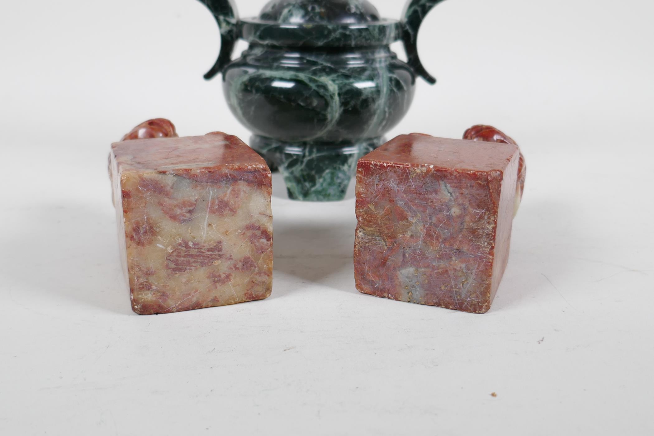 A pair of Chinese red soapstone seal blanks with carved kylin knops, together with a vert de mer - Image 6 of 6