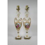 A pair of Continental Sevres style pottery lamps with ormolu mounts and handles, and decorative