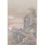 Ruins in a landscape at sunset, C19th charcoal drawing highlighted with white, in the manner of John